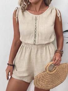 SHEIN LUNE Rompimiento de verano de manga corta con encaje de guipur, cintas en los hombros y en el incremento para mujeres de talla grande