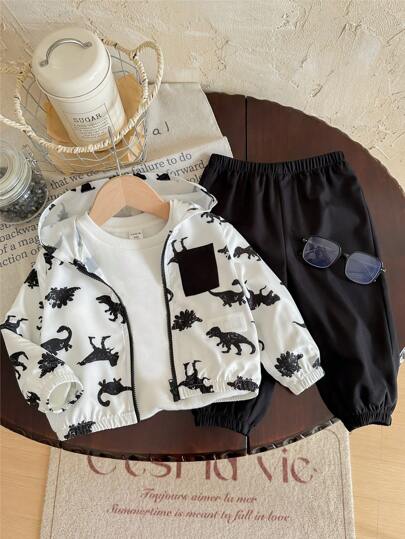 SHEIN 寶寶男/女春/夏/秋季卡通恐龍印花黑白色帽T外套搭實色長褲2件套，適合戶外旅行