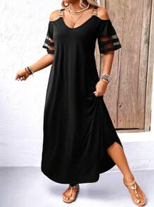 EMERY ROSE Plus Size Shoulder Strap Off-Shoulder Short Sleeve Dress Maxi Women Outfit - Black - View 1