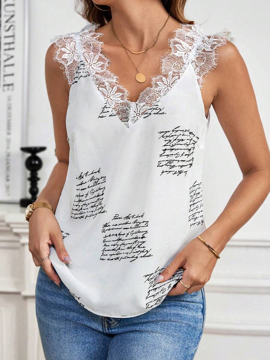 SHEIN Clasi Áo Yếm Nữ Phối Ren In Báo Trắng Đen, Thích Hợp Cho Mọi Dịp - Đen và trắng - Xem 1