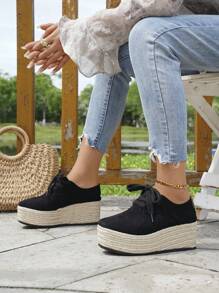 Women's Platform Wedge Shoes, Black Suede Lace-Up Jute Sole, Chic New Casual All-Match Waterproof Thick Bottom Increased Height Shoes, Suitable For Holiday, Daily, Spring Wear