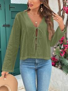 SHEIN VCAY Áo trễ vai có cà vạt phía trước - màu xanh lá - Xem 6