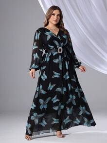 Plus Size Spring/Summer Elegant Butterfly Print Lantern Sleeve Long Arabian Dress - Black - View 5