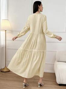 Seusyu Notched Neckline Drop Shoulder Ruffle Hem Dress - Beige - View 6