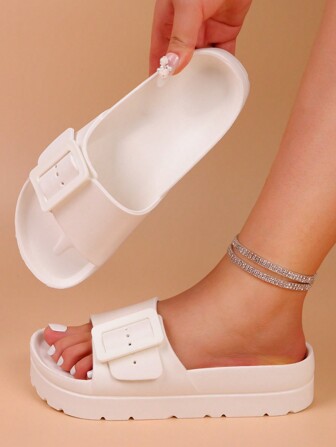 pueenb 女士厚底家居拖鞋 - 可调节带子设计，舒适贴合，休闲放松设计，全天舒适，适合室内外穿着，白色 - 非常适合海滩和泳池活动 - 专为女性设计