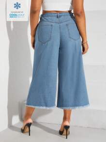 SHEIN Privé Grote maat cropped casual damesjeans met wijde pijpen, losse pasvorm, zakken, plooien en gerafelde zoom
