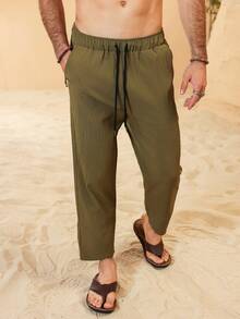 Manfinity RSRT Men's Solid Color Drawstring Waist Capri Loose Casual Pants With Side Pockets - Army Green - View 5
