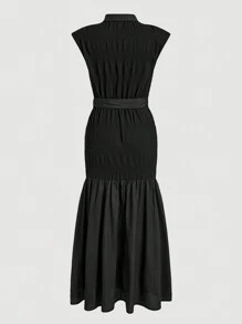 Modelyn Ladies' Arab Style Suit Collar Off-Shoulder Short Sleeve Belted Summer Dress Long Evening Dresses - Black - View 2