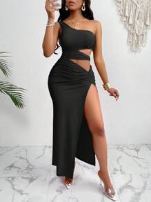 BamGleam Women'S Solid One Shoulder Cut Out Waist Hollow Out Metal Decorated Twist Front Split Bodycon Dress Maxi Women Outfit - Black - View 3
