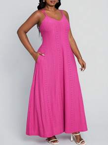 SHEIN Lady Vestido largo casual rosa de tirantes finos de corte evasé para mujer talla grande, vestidos de mujer para eventos, atuendos de salida - Rojo - Ver 3