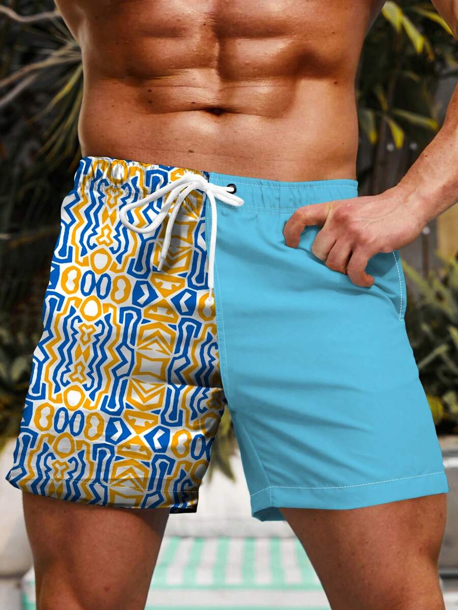 Surfspeed Men Geo Print Drawstring Waist Swim Trunks - Multicolor - View 1