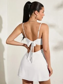 SHEIN BAE Summer Pink Sexy Cup Hollow-Out Backless Dress With Bowknot Tied Straps For Women - White - View 6