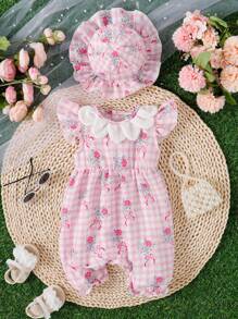 嬰幼兒女裝休閒優雅可愛風格復古數字印花荷葉邊袖連鈕扣背心連帽連身衣，夏季