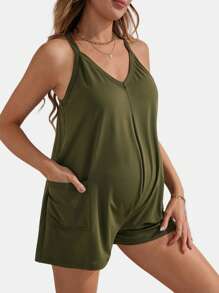 SHEIN BASICS Casual Solid Knit V-Neck Front Pocket Cami Jumpsuit, For Maternity, Pregnancy Clothes