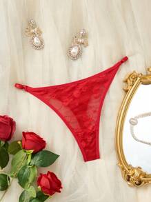 SHEIN Floral Lace Low Rise G-String, Sexy Lingerie, Bridal Lingerie - Red - View 6