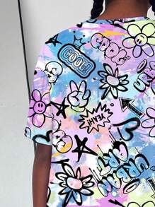 SHEIN 青少女休閒簡約短袖T恤和短褲套裝，酷炫街頭圖案，適用於夏季 - 彩色 - 查看 5