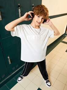 SHEIN Tween Boys' Summer Letter Embossed Round Neck Casual Short Sleeve T-Shirt - Multicolor - View 5