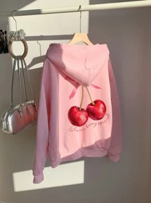 SHEIN EZwear 蝴蝶結＆櫻桃印花粉色寬鬆長袖女士連帽衫配束帶 - 淺粉色 - 查看 3