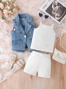 Baby Girls' Casual Denim Vest Top Three-Piece Set For Summer