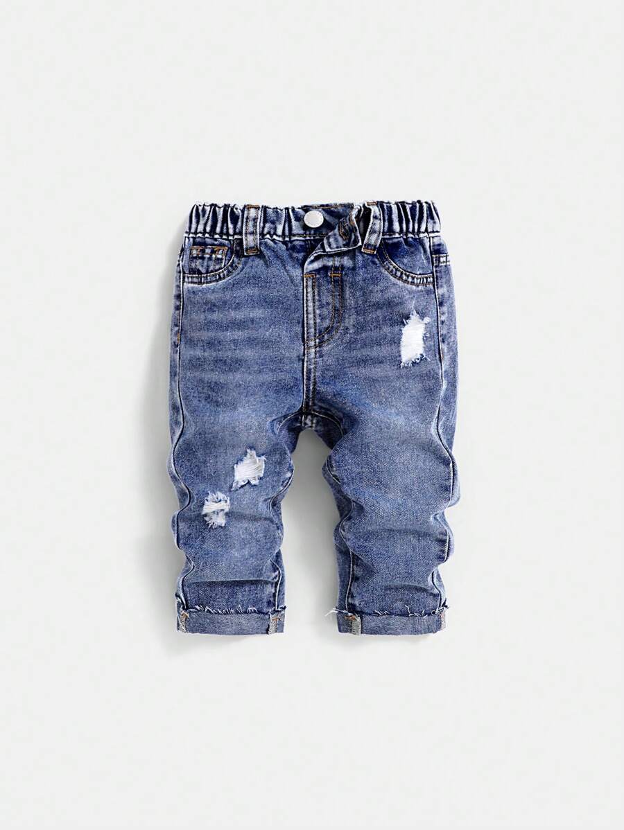 SHEIN Jeans rasgados de cintura elástica para bebé niño - Azul lavado oscuro - Ver 1