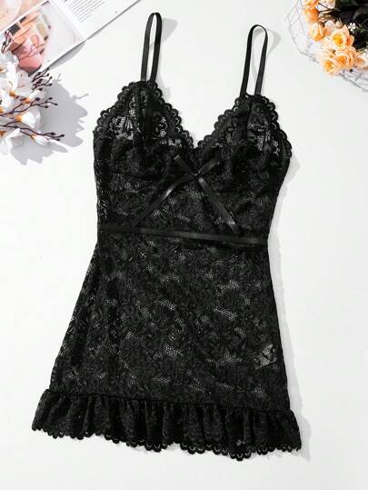 Seduluxe Bloemen Kanten Ruffle Hem Verleidelijke Lingerie Dress String view 5