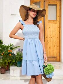 Women's Blue Spaghetti Strap Ruffle Hem Elastic Waist A-Line Dress With Double-Layer Ruffle Hem For Summer Vacation - Blue - View 5