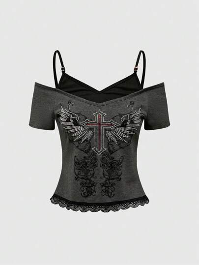 Goth Rhinestone Wings & Cross Print Cold Shoulder Tee, Summer Top