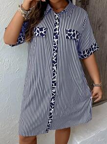 SHEIN LUNE Plus Striped Print Flap Detail Shirt Dress - Navy Blue - View 5