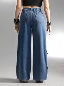 Teen Girls Ripped Flap Pocket Cargo Jeans - Dark Wash - View 2