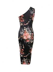 Breezaya Floral Print Asymmetrical Neck Drawstring Split Thigh Dress Maxi Women Outfit - Black - View 2