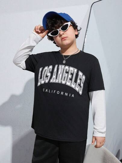 SHEIN 青少年男孩加大尺碼彩色拼接休閒 2合1 T恤