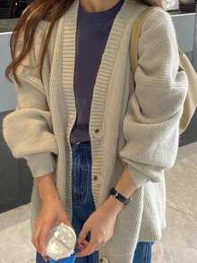 Áo Cardigan dáng rộng vai trễ vai trơn cho mùa xuân và mùa thu, áo dài tay - Màu be - Xem 3