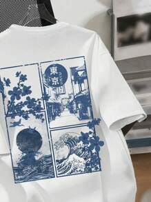 SHEIN Camiseta de manga curta com estampa de paisagem de desenho animado casual para meninos adolescentes, mistura de algodão, adequada para o verão