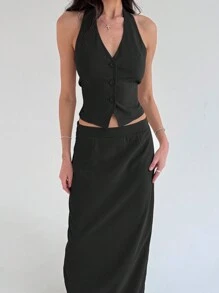 Aloruh Long Halter Slimming Suit Skirt Commuting Outfit, 2pcs/Set - Black - View 4