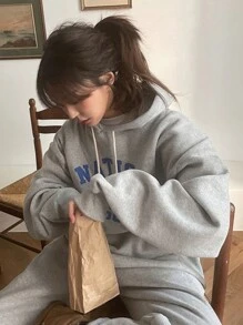 DAZY Letter Graphic Drop Shoulder Drawstring Hoodie Without Tee,Fall Women Clothes Sweatshirt - Grey - View 8