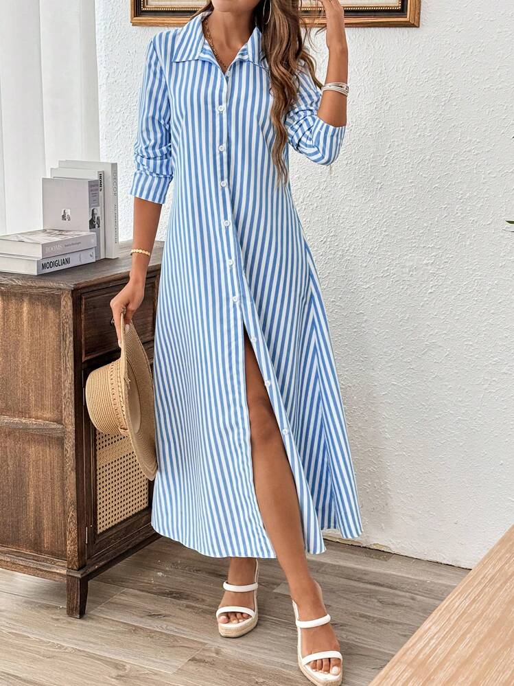 Chiquease Striped Print Button Front Shirt Dress | SHEIN USA