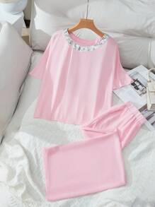 SHEIN Clasi Women's Comfortable Round Neck Glitter Jumpsuit With Wide Leg Pants, 2pcs/Set - Pink - View 6