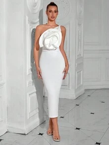 ADYCE One Shoulder Oversized Floral Embellished Backless Split Hem Fitted Party Dress - White - View 5