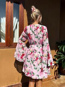 SHEIN VCAY Wakacyjna damska krótka sukienka z kwiatowym nadrukiem i wiązaniem z przodu - Wielokolorowe - Zobacz 2