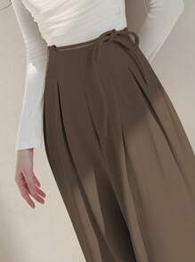 DAZY Women's Solid Colored Wide Leg Pants With Tie Waist - Coffee Brown - View 5