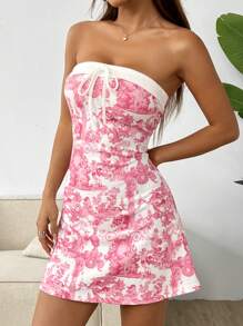 SHEIN EZwear Landscape Print Drawstring Tube Dress,Summer Dresses For Women - Pink - View 3