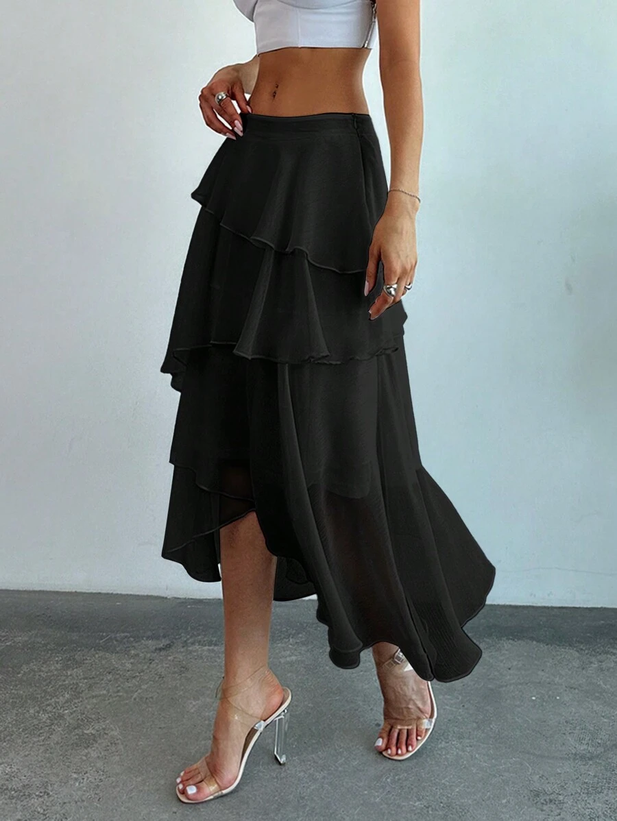 Firerie Women's Solid Color Multi-Layered Ruffle Trim Cake Layered A-Line Skirt, Slim Fit - Black - View 1