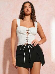 SHEIN BAE Summer Tops For Women: Romantic Beach Vacation, Casual Outing, And Romantic Dates. Sexy Solid Color  Sleeveless Camisole With Embroidery, Cross-Strap, Ruffle Design And Off Shoulder Style, Crop Top
