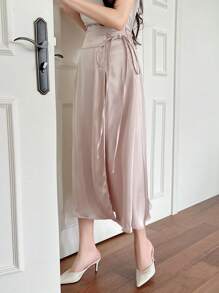 DAZY Women's Elegant Solid Color Wraparound Tie Waist Skirt, Summer - Beige - View 7