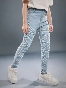 SHEIN Tween Boys' Casual Soft Simple Everyday Rough Edge  Blue Denim Jeans,For Spring/Summer - Light Wash - View 5