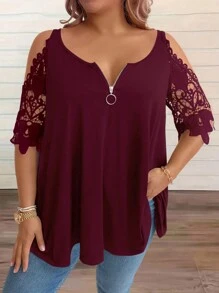 EMERY ROSE Plus Contrast Lace Cold Shoulder Half Zip Tee For Summer - Redwood - View 6