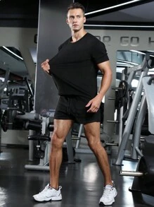 Manfinity Athleisure 男士短裤套装，纯色落肩T恤搭配抽绳腰短裤，运动套装，健身服套装，透气健身套装 - 黑色 - 查看 4