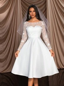 SHEIN Belle Elegante, Hermoso y Romántico Vestido de Novia Blanco de Encaje Escote Espalda Descubierta con Botones Manga Larga, Vestido de Novia para Boda - Blanco - Ver 2