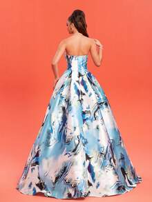 Off-The-Shoulder A-Line Floor-Length Satin Printed Evening Dress With High Slit Gown - Baby Blue - View 3