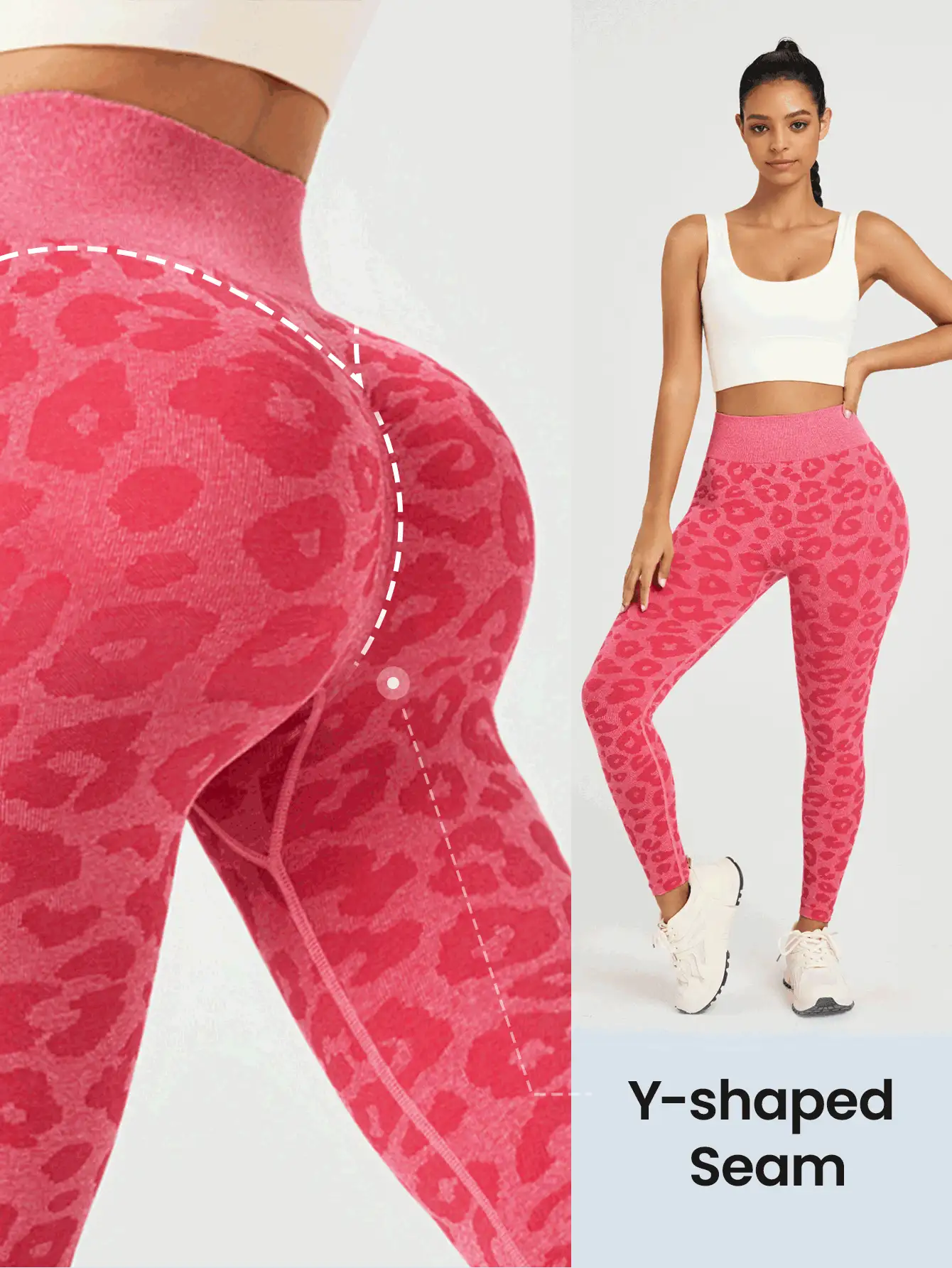 Easithlete 女士無縫高腰豹紋打底緊身褲，適用於日常穿著和運動 - 玫紅色 - 查看 2